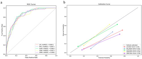 Figure 4. The prediction and calibration capability of the postoperative machine learning model for predicting low cardiac output syndrome. (a) The receiver operating characteristic curve (ROC) for the testing cohort. (b) The calibration curve for the area under the curve of the testing cohort. AUROC: area under the ROC; LR: logistic regression; SVM: support vector machine; RFC: random forest classifier; XGB: extreme gradient boost; DNN: deep neural network.