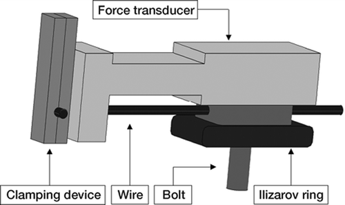 Figure 2. Representation of one force transducer. The wire passes through the outer rim of the transducer and ends up in a clamping device. The wire is bent 90 degrees and clamped between 2 metal plates, to ensure complete fixation of the wire.