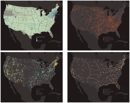 Figure 1. These maps reflect the built environment legacies of the Works Progress Administration (top left), Rural Electrification Administration (top right), Civilian Conservation Corps (bottom left), and Civil Aeronautics Authority (bottom right). Credit: Allison Carr.