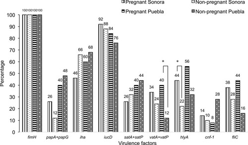 Figure 2 Frequency of the Virulence Genes Among 150 E. coli Isolates From Urine of Pregnant and Non-Pregnant Women From Sonora and Puebla, Mexico. The studied genes encoded the following virulence factor: fimH, type 1 pilus adhesin; papG+papA, adhesin and pilin of the type P pili; iha, enterobactin receptor/Irg homologue adhesin; iucD, aerobactin; satA+satP, autotransporter and peptidase regions of the secreted autotransporter toxin; vatA+vatP, autotransporter and peptidase regions of the vacuolating autotransporter toxin; hlyA, α-hemolysin; cnf-1, cytotoxic necrotizing factor; fliC, flagellin. The statistically significance results (p < 0.05) are in asterisk.