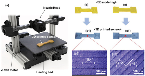 Figure 1. (a) schematic of FDM-printed graphene strain sensor. 3D modeling of dog-bone-shaped strain sensor with parallel (b) and zigzag (c) direction of filament deposition. FDM-based graphene strain sensor printed, with microscope images for parallel (b1 and b2) and zigzag-patterned strain sensors (c1 and c2).