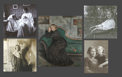 Figure 3. In the second set, the painting is framed by four photographs of Eva; one of her nurturing her sick husband (upper left), one where she poses with Ivar in Åby (lower left), one showing her reclining in a garden chair at her home in Älvängen (upper right), and a portrait photograph of Eva and Lillan (lower right).