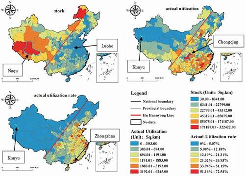 Figure 8. Spatial patterns of peri-urban green space and its actual utilization at the city level in China