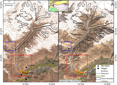 Figure 1. Study area map, (a) image before terminus advance showing Karakoram Highway (KKH) and the buildings downstream Shisper stream, (b) image showing the maximum terminus advance, flood extent occurred in 2020 and KKH damaged zone.