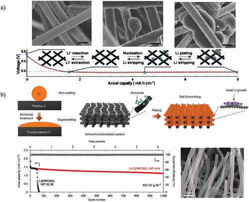 Figure 6. A) SEM images showing the morphology of the pristine GCF, intercalated GCF, and GCF charged up to 2 mAh cm−2. The galvanostatic discharge profile with inset schematic diagrams of lithium behavior during cycling is shown below. All scale bars in (a) are 10 µm Reproduce with permission from [Citation95], copyright 2017, Wiley. b) The schematic illustration on the left shows that the pristine carbon is not Li-wetting, but after being functionalized with heteroatoms, it becomes superwetting. The schematic illustration on the right side shows that, after functionalizing graphitized fiber carbon (GFC) with amine groups, it becomes superwetting, and the Li grows axially. The cycling performance and CE of Li-C||NMC622 and Li||NMC622 cells, demonstrating long-term cycling. An SEM image of amine functionalized GFC shows smooth growth of Li Reproduce with permission from [Citation96], copyright 2019, Nature.