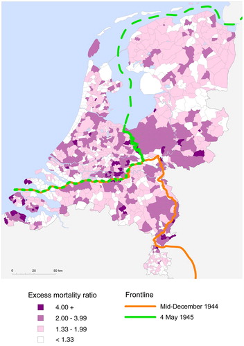 Figure 4. Estimated civilian excess mortality ratios* during World War II from September 1944 to May 1945 by municipality in the Netherlands.Source: Calculations by NIDI using non-public microdata from Statistics Netherlands.