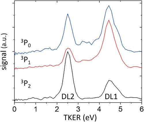 Figure 4. Total kinetic energy release (TKER) distributions from the images shown in Figure 3, after inversion using FINA. The 3P0 and 3P1 curves are given a vertical offset for clarity.