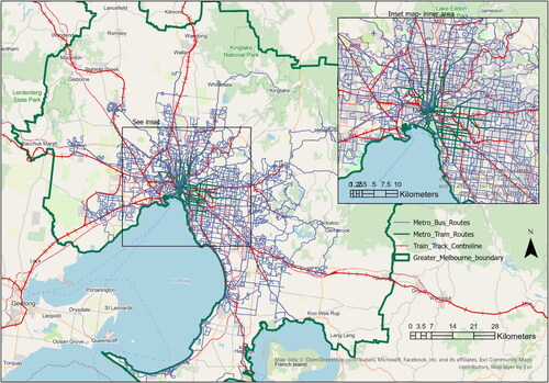 Figure 1. The Melbourne metropolitan region and its main public transportation networks.