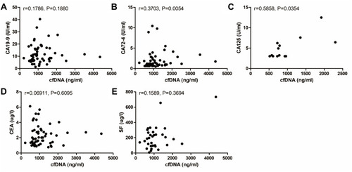 Figure 4 Correlation between cfDNA concentration at baseline and levels of other circulating biomarkers including CA19-9 ((A), n=56, r=0.1786, P=0.1880), CA72-4 ((B), n=55, r=0.3703, P=0.0054), CA125 ((C), n=13, r=0.5858, P=0.0354), CEA ((D), n=57, r=0.06911, P=0.6095), and SF ((E), n=34, r=0.1589, P=0.3694).