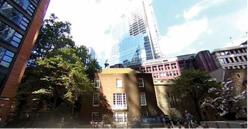 Example with low-rise building, St. Helen’s Bishopgate Church, and high-rise building in the background, London, England.