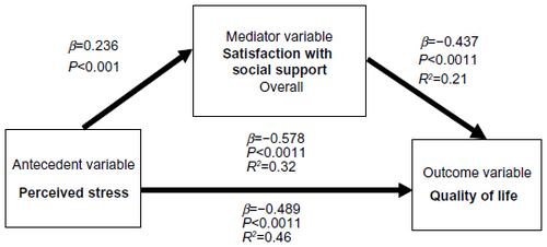 Figure 1 Mediation of overall satisfaction with social support on perceived stress and health-related quality of life (number =212).