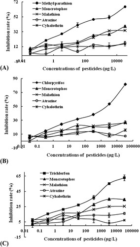 Figure 5. The BFIA standard curves of different pesticides when competed with methyl parathion (A), chlorpyrifos (B), or trichlorfon (C) hapten using MIP as the antibody at 0.000033–33.33 mg/L in methanol/water solution.