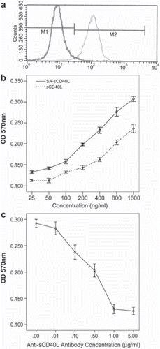 Figure 2. Bi-functional activity of SA-sCD40L. The display of SA-sCD40L on the surface of biotinylated MB49 cells was examined by flow cytometric analysis with unbiotinylated MB49 cells as a control (Figure 2a). Indicated concentrations of SAsCD40L were incubated with 1 × 105 B cells with recombinant IL-4 (10ng/ml) per well in 96-well plates. After incubation for 72 hours, cell proliferation was measured by MTT assay (Figure 2b). Furthermore, proliferation through induction of SA-sCD40L fusion protein was inhibited when anti-sCD40L antibody was added into the culture (Figure 2c).