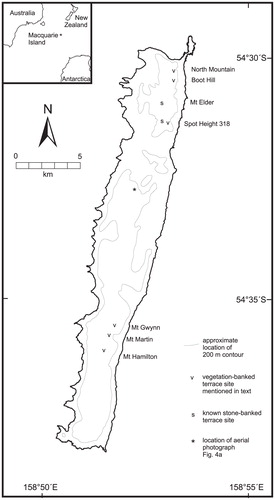 FIGURE 1. Macquarie Island showing location of terrace sites mentioned in the text and the approximate location of the 200 m contour.