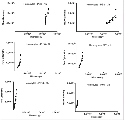 Figure 5. Linear regression and scatter plots for hemocyte counts (/mL) obtained by flow cytometry and microscopy (manually) in G. mellonella larvae injected with PBS, P. brasiliensis (Pb18 - 5×106 cells/larva) or P. lutzii (Pl01 - 5×106 cells/larva) that were assessed after 1 and 3 h.