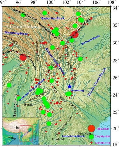 Figure 1. Geological setting and distribution of earthquakes in southeastern Tibetan Plateau. Major historical earthquakes with M ≥ 6.0 occurred from Jan.1, 1900 to Mar. 30, 2023. (Earthquake data are downloaded from website: https://data.earthquake.cn/index.html).