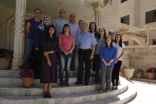 Lord Nick Stern, President of the British Academy, visiting the CBRL British Institute in Amman, 9 June 2014. Front row, from left: Farhanah Mamoojee (CBRL Intern), Vanessa Iaria (CBRL Visiting Research Fellow), Nick Stern (President of the British Academy), Lindsay Holman (PhD candidate at Chapel Hill, USA). Back row, from left: Nadja Qaisi (British Institute Amman Finance Administrator), Rudaina Momani (British Institute Amman Librarian), Andrea Zerbini (CBRL Visiting Research Fellow), Firas Bqa’in (British Institute Amman Events Administrator), Carol Palmer (British Institute Amman Director), Francesca Burke (CBRL Research Fellow), Emily Poore (MA student, University College London), Russell Adams (University of Waterloo, Canada), Zoe-Louise Robinson (CBRL Visiting Research Scholar)