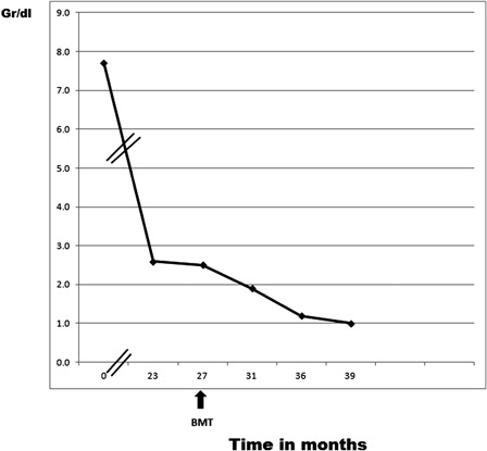 Figure 1. Amount of IgG κ paraprotein in case number 4. It is clear that the paraprotein dropped after the allograft (BMT) solely as the result of a graft-versus-myeloma effect, since no other treatment was employed for the plasma cell dyscrasia.