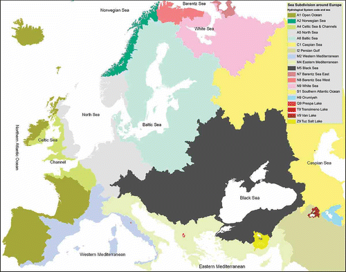 Fig. 1 European seas and landmasses draining into the different seas. Boundaries of the drainage areas are based on CCM2 river basin delineations.