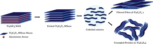 Figure 1. Schematic illustration of the synthesis process producing crumpled MXene nanosheets or filtered films. The latter are made by filtering a colloidal suspension.