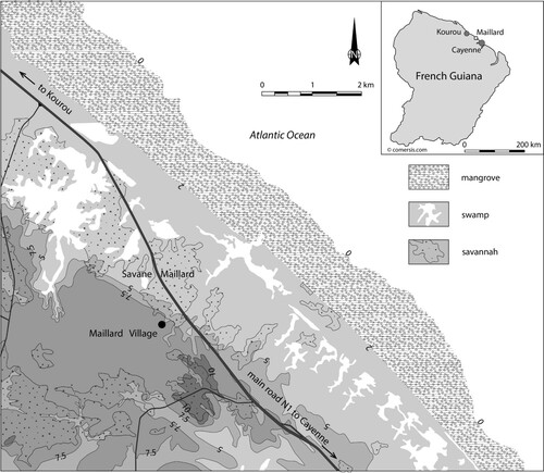 Figure 4. Geographical map of the environment of Maillard village, Commune de Macouria, French Guiana. (Drawing by Menno L.P. Hoogland after regional map by the National Geographical Institute IGN).