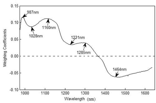 FIGURE 5 Weighing coefficients for PC-2 images on a insect-infested jujube using the spectral region of 975–1650 nm.