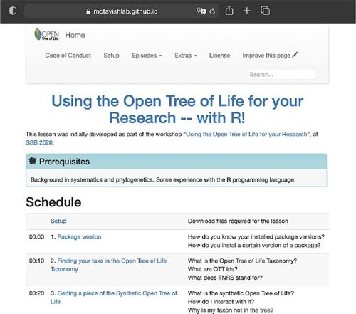 Fig. 3 Snapshot of the home to our tutorial website, showing part of the schedule. Our tutorial website was constructed using the software workshop template from the Carpentries (Wilson Citation2016).