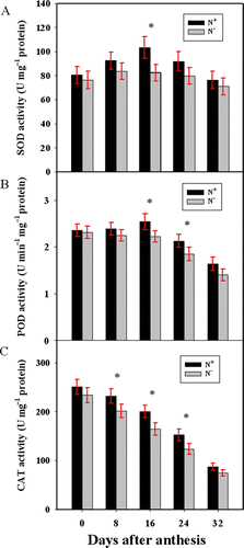 Figure 1.  Temporal changes in activities of SOD (A), POD (B), and CAT (C) in wheat peduncles at different stages. Bars represent mean±SD of four replicates. For the ANOVA, *denotes significant effects at P<0.05.