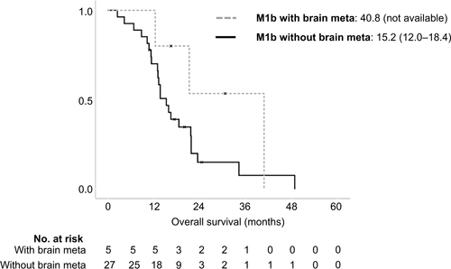 Figure S1 Kaplan–Meier analysis-based estimates of survival based on M1b patients (n=32): comparison of survival between patients with brain metastasis (n=5, gray dotted line) and M1b patients without brain metastasis (n=27, gray solid line) (P=0.17).Abbreviation: meta, metastasis.