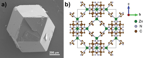 Figure 1. Synthesized rhombic dodecahedron-shaped SC-ZIF-8. (a) SEM image of the millimeter-scale SC-ZIF-8 viewed along [110] axis. (b) Crystal structure obtained by SC-XRD [100] of the SC-ZIF-8. The hydrogen atoms in the structure have been removed for the sake of clarity.