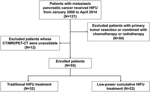Figure 1. Flow diagram of the enrollment and data analysis of patients with metastatic pancreatic cancer treated with Low-power cumulative and traditional HIFU.