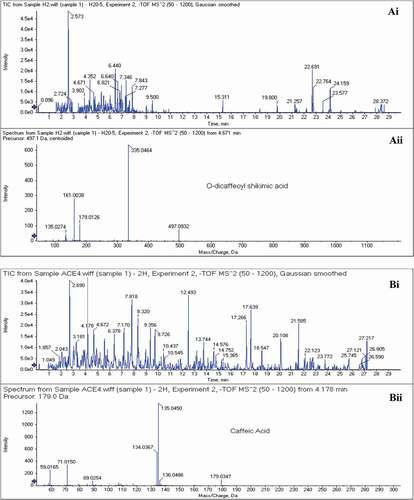 Figure 1. Examples LC-MS/MS data of Ajwa date fruit extract. Ai and Aii: Peak with retention time 4.671 min was analyzed with a pseudomolecular peak [M-H]- at m/z = 497.1 indicating the presence of O-dicaffeoyl shikimic acid and confirmed by MS/MS fragments at m/z = (135.0274, 161.0038, 179.0126, 335.0464). Bi and Bii: Peak with retention time 4.178 min was analyzed with a pseudomolecular peak [M-H]- at m/z 179.0 indicating the presence of caffeic acid and confirmed by MS/MS fragments at m/z = (59.0165, 71.0150, 89.0254, 134.0367, 135.0450, 136.0486)