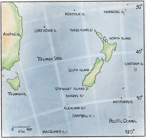 Figure 1. Map of the New Zealand region, comprising three main islands (i.e. the New Zealand mainland) and ten surrounding archipelagos (i.e. New Zealand’s outlying islands).