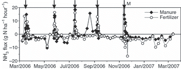 Figure 3 Seasonal variations in NH3 flux from March 2006 to March 2007. The vertical scale between −20 and +20 g N ha−1 h−1 has been magnified. The arrows with no sign show the timing of the chemical fertilizer application and the arrow with ‘M’ refers to the application of manure.