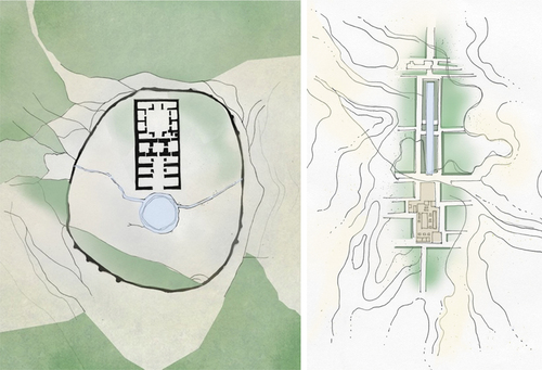 FIGURE 6. Takht-e Soleyman (left) and Firouzabad Palace Garden (right). These images are drawn by Claudia-Emma Farley-Dabis to show the contrast between the orderly space of the garden and the disorderly nature of its surroundings and are based on: Mehdi Khansari, Minouch Yavari, and M. R. Moghtader, op.Cit., pp. 46 and 55. © Shabnam Rahbar.