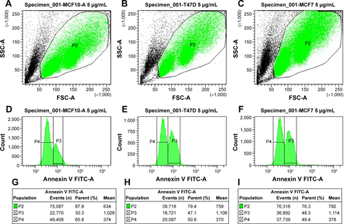 Figure S4 Typical figure of flow cytometry that shows annexin V expression between MCF7, T47D, and MCF10-A cell lines.Notes: A, B, and C show the dot plot of cytometry analysis, the population 2 (P2) included the single epithelial cells. D, E, and F show the histogram plot of P2 that separates between P3 (positive annexin) and P4 (negative annexin). G, H, and I show the estatistic parameters of the three populations.Abbreviations: FITC, fluorescein isothiocyanate; FSC-A, forward scatter area; SSC-A, side scatter area.