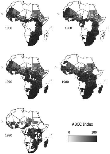 Figure 3. ABCC Index per admin I level for each birth decade between 1950 and 1990. Data from IPUMS, MICS and Afrobarometer. Authors’ own representation.