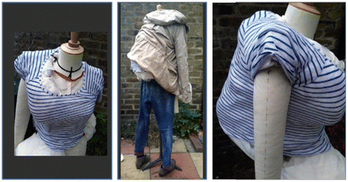 Figure 3. Fieldwork photographs of three views of a dressed manikin designed to make visible emotional states (here depression) made using a method that combines tailoring techniques of manikin making and quanitified-self methods. Source: © Caroline Yan Zheng.