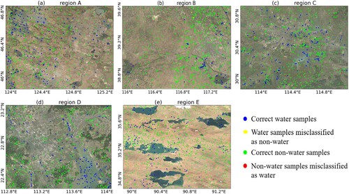 Figure 5. Spatial distribution of the manually labeled sample points and errors within Regions A–E (2020).