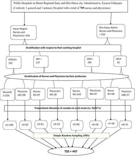 Figure 1 Schematic presentation of sampling procedure and participants selection for the study conducted on level of NPC in patient care among nurses and physicians working in public hospitals of Harari Regional State and Dire-Dawa administration, Eastern Ethiopia, 2019.