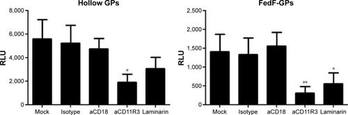 Figure 3 CR11R3 is involved in the recognition of GPs by neutrophils.Notes: Neutrophils (2×105 cells) were incubated with laminarin (1 mg/mL), aCD18 (5 µg/mL), aCD11R3 (15 µg/mL), or isotype control (IgG1; 15 µg/mL). Subsequently, the cells were stimulated with 200 µg/mL of the indicated GPs. ROS production was determined via chemiluminescence. Values shown are mean RLU ± SEM of four pigs. Values of the negative control have been subtracted from the values represented on the graph. *P<0.05; **P<0.01.Abbreviations: IgG, immunoglobulin G; GP, β-glucan microparticle; RLU, relative light units; ROS, reactive oxygen species; SEM, standard error of the mean.