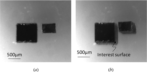 Figure 15 Captured image for the second experiment: (a) image at the initial state, ϕ = 0°, γ = 0° (b) image at final state, ϕ = 12.4°, γ = 6.53°.