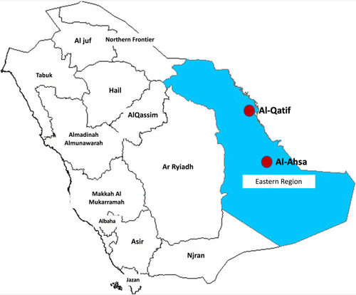 Figure 1 Map of Saudi Arabia showing the location of Eastern Province and the regions of Al-Qatif and Al-Ahsa.