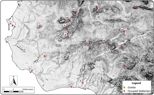Figure 12. Guletta and other principal settlements occupied between the 7th–5th centuries b.c. 1. Guletta, 2. Roccazzo, 3. Mazara, 4. Selinous/Selinunte, 5. Montagnoli, 6. Motya, 7. Montagnola della Borrania, 8. Salemi, 9. Monte Polizzo, 10. Poggio Roccione, 11. Segesta, 12. Monte Bonifato, 13. Monte Iato, 14. Monte Maranfusa, 15. Entella, 16. Monte Castallazzo, 17. Monte Finistrelle, and 18. Monte Adranone. Background: DTM visualization (Sky-view factor, multiple hillshade) based on data from the Regione Siciliana geoportal.