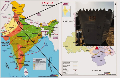 Fig. 1. Monsoon Map of India and SODAR system installed at Delhi (Courtesy: www.mapindia.com).