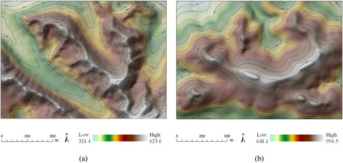 Figure 4. Terrain surfaces of the test sites (Habib Citation2021). (a) Mountainous area; (b) hilly area.