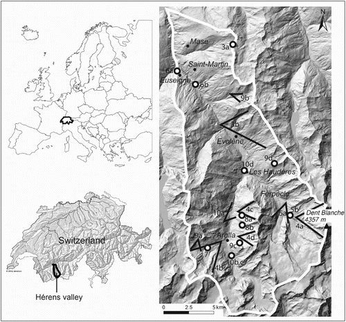 Figure 1. Location of the Hérens valley. The corners and white dots indicate the location of the photos; the numbers refer to the figure numbers. © [Swisstopo]. Reproduced with the permission of swisstopo (BA13064).