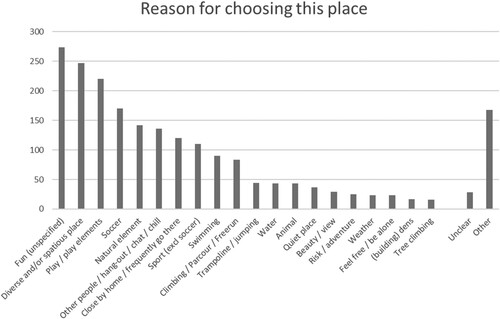 Figure 3. Reasons participants gave for choosing the place they drew. ‘Other’ includes items mentioned fewer than 15 times.