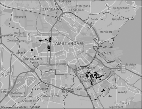 Figure 1 Concentrations of non‐Western immigrants where at least 75 per cent of the population is an immigrant of non‐Western origin; 17 per cent of all immigrants of non‐Western origin are living in these concentrations; Amsterdam, 2006.