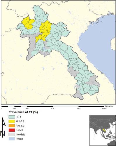Figure 2. Prevalence of trachomatous trichiasis (TT), Lao People’s Democratic Republic, 2013–2014.